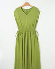 Solid V-Neck Cap Sleeve Elastic Waist Dress