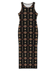 Baha Ranch Black and Tan Aztec Sleeveless Bodycon Side Slit Maxi Dress