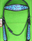 HILASON Western Horse Leather Headstall and Breast Collar Set Turquoise Cheetah| Headstall Bridle for Horses Western | Horse Headstall Bridle | Western Headstalls Bridle for Horses