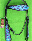 HILASON Western Horse Leather Headstall & Breast Collar Set Turquoise Cheetah