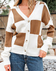 Checker Buttoned V-Neck Sweater Cardigan