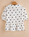 Polka Dot Collared Lace-Up Peplum Top
