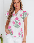 Flower Scallop Contrast Trim Short Sleeve Blouse
