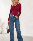 Lace Trim Ruched V-Neck Long Sleeve Top