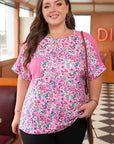 Plus Size Floral Corded Patchwork Crewneck Top