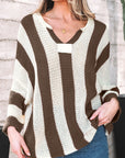 Colorblock Stripe V-Neck 3/4 Sleeve Sweater