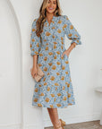 Floral Frilled V-Neck 3/4 Sleeve Midi Dress