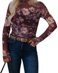 Floral Mesh Turtleneck Long Sleeve Ruched Top
