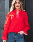 Stripe Trim Ruffle Split Neck Long Sleeve Blouse
