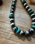 NFR Collection Necklace – 14mm Sterling Silver Pearls with 16mm Green Turquoise Rondelles – 28.5"