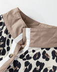 Leopard Button-Collar Contrast Patchwork Cuff Top
