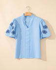 Flower Embroidered Puff Sleeve Split Neck Blouse