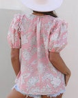 Cattleya Floral Drawstring V Neck Puff Sleeve Loose Blouse