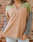 Colorblock Thermal Textured Knit Drop Shoulder Henley Top