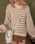 Stripe Checker Balloon Sleeve Sweater