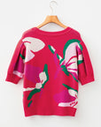 Floral Abstract Short Puff Sleeve Sweater