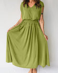 Solid V-Neck Cap Sleeve Elastic Waist Dress