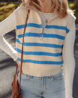 Stripe Ribbed Half-Zip Collar Sleeveless Sweater