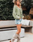 Solid Tie Front V-Neck Ruffle Trim Blouse