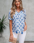 Geometric Tassel Tie V-Neck Short Sleeve Blouse