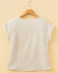 Crochet Insert Crinkle Gauze Short Sleeve Blouse