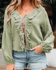 Natalia Bow Tie Front Ruffle Trim Long Sleeve Gauze Blouse