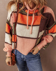 Colorblock Waffle Knit Drawstring Mock Neck Sweater