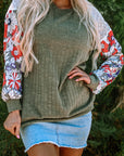 Floral Ribbed Patchwork Long Sleeve Blouse