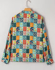 Floral Patchwork Long Sleeve Collared V-Neck Blouse