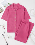 Solid Textured Buttoned Shirt and Pants Set