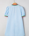 Colorblock Contrast Stripe V-Neck Puff Sleeve Mini Dress