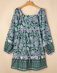 Boho Floral Piping Trim Bubble Sleeve Dress