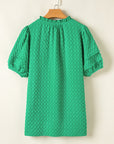 Textured Short Puff Sleeve Notch V-Neck Top