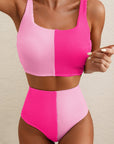 Colorblock Corded Top & High Waist Bikini Set