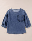 Denim 3/4 Sleeve Ruffle Patch Pocket Blouse