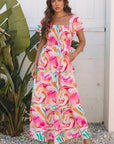 Abstract Ruffle Sleeve Smocked Maxi Dress