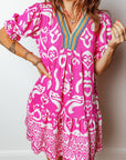 Boho Abstract Contrast Trim V-Neck Flared Dress