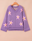 Star Textured V-Neck Drop Shoulder Oversized Sweater