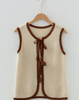 Contrast Trim Tie Front Ribbed Knit Sweater Vest
