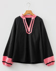 Colorblock V-Neck Textured Long Sleeve Blouse