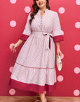 Plus Size Pinstripe Ruffle Hem Midi Dress