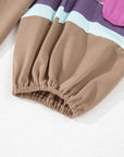 Light French Beige Flower Striped Patchwork Puff Sleeve Loose PLUS Sweatshirt