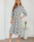 Floral Frilled V-Neck 3/4 Sleeve Midi Dress