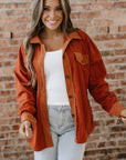 Velvet Button-Up Flap Pocket Drop Shoulder Shacket