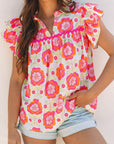 Floral Ricrac Trim Ruffle Sleeve Blouse