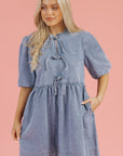 Denim Bow Bubble Sleeve Mini Dress