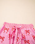 Bow Stripe Patchwork Elastic Waist Lace Trim Shorts
