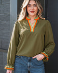 Stripe Trim Ruffle Split Neck Long Sleeve Blouse