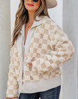 Checker Sherpa Corduroy Patchwork Zip-Up Jacket