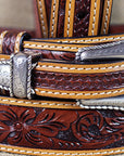 3D Floral Tan Mens Fashion Ranger Leather Belt Silver Buckle